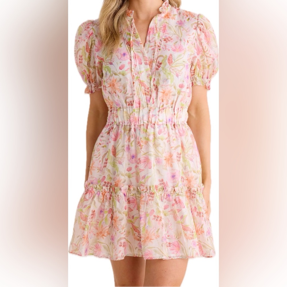 NWT Med Meet Me in Santorini Pink Floral Puff Sleeve Smocked Waist Mini Dress